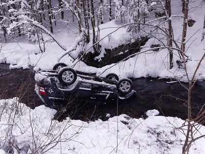 Hasiči po novém sněhu řešili nehody, ve Vítkovicích sjelo auto do řeky