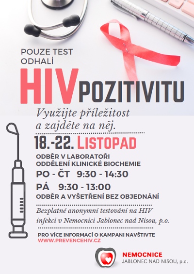 V listopadu je možnost bezplatného testování HIV v Jablonci