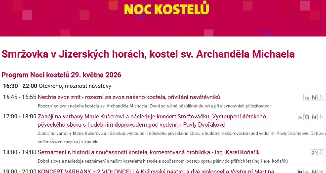 Noc kostelů ve Smržovce chystají 29. května